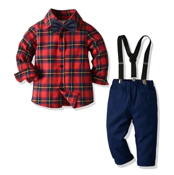 Baby Boy Oblečení dvoudílný Oblek, Děti, Červený Kostkovaný Vzor Tričko Dlouhý Rukáv + Modré Dlouhé Kalhoty
