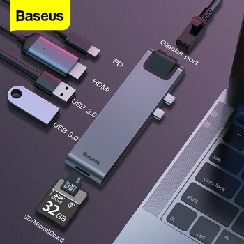 Baseus Dual USB C HUB USB 3.0, HDMI, SD TF Card Reader RJ45 Adaptér PD Nabíjení USB HUB Pro MacBook Pro 2016/2017/2018 Splitter