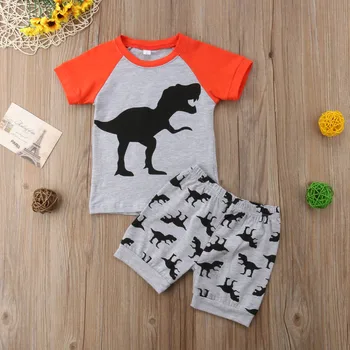 Batole, Děti, Dítě, Chlapec Dinosaurus Topy Stripe T-shirt Krátké Kalhoty, Oblečení, Oblečení