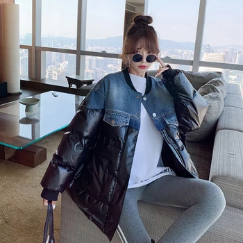 Bavlna-polstrovaný bunda dámská zimní 2020 nové módní korejský styl volné džínové šití lesklé mid-délka volné kabát