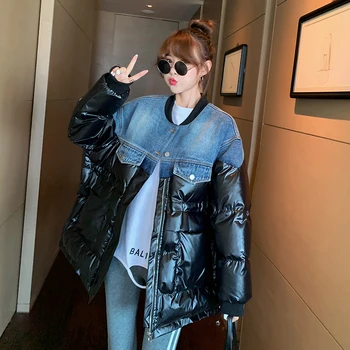 Bavlna-polstrovaný bunda dámská zimní 2020 nové módní korejský styl volné džínové šití lesklé mid-délka volné kabát