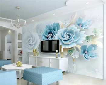 Beibehang Přizpůsobené moderní krásné 2019 nové 3d reliéfní květy modré čerstvé TV pozadí tapety home decor wallpaper