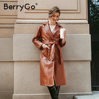 BerryGo Elegantní pevné hnědé krajky ženy kožešiny kabát Klopě ženy dlouhý kabát Office dámy podzim zimní teplé dlouhé bundy 2020