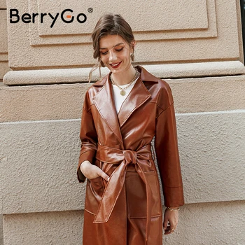 BerryGo Elegantní pevné hnědé krajky ženy kožešiny kabát Klopě ženy dlouhý kabát Office dámy podzim zimní teplé dlouhé bundy 2020