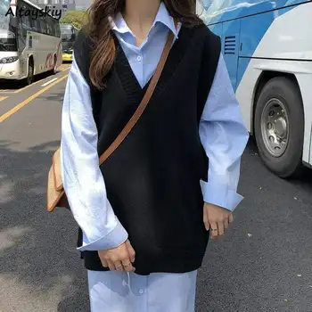 Bez rukávů Svetr Ženy Preppy Chic Retro na Podzim Základní Jednoduché Korean Módní Dívky Pletené oblečení All-zápas výstřih Ins Harajuku Svetr
