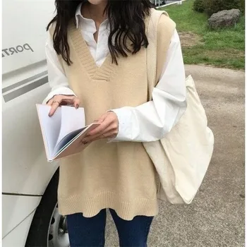 Bez rukávů Svetr Ženy Preppy Chic Retro na Podzim Základní Jednoduché Korean Módní Dívky Pletené oblečení All-zápas výstřih Ins Harajuku Svetr