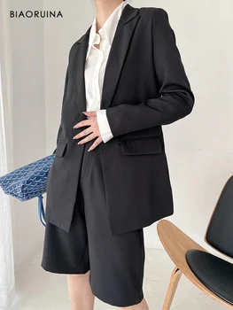 BIAORUINA Dámské Černé Módní Elegantní Jedno Tlačítko Blazer Vroubkované Límce Office Lady korejský Styl Ležérní Kabát Svrchních oděvů