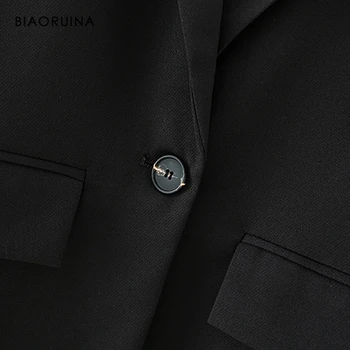 BIAORUINA Dámské Černé Módní Elegantní Jedno Tlačítko Blazer Vroubkované Límce Office Lady korejský Styl Ležérní Kabát Svrchních oděvů