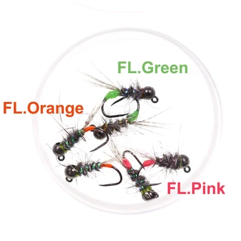 Bimoo 6ks Černé Wolframu Hlavy Fluorescenční Oranžová Růžová Zelená Přípravek Fly Euro Nymfa Perdigon Nymfy Rychle Potápí Pstruh Rybářské návnady