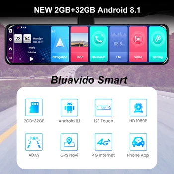 Bluavido 12 Palcový Auto Zrcátko Android 8.1 DVR Dash Fotoaparát 1080P Dual Lens WiFi, GPS Navigace ADAS Remote Auto Video Dohled