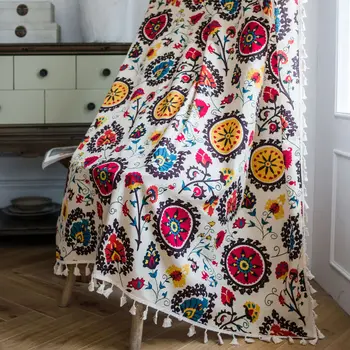 Bohemia květina rustikální prádlo závěsy s krajkou pro obývací pokoj ložnice kuchyň okna opona krátké hotových záclon