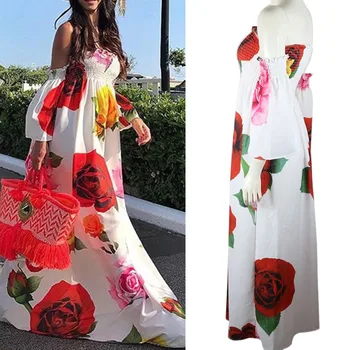 Boho Styl Letní Šaty Ženy Lomítko Krku Květinové Tisk Polovina Rukáv Šaty Beach Ležérní Vintage Šaty Dlouhé Vestidos
