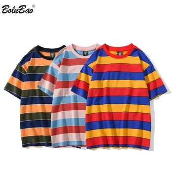 BOLUBAO 2020 Letní Nové Příležitostné Umyté T-Košile Muži Vintage Kontrastní Pruhované Bavlna Topy Mužské Tričko