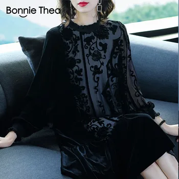 Bonnie Thea dámská Zimní Rolák Loos Sametové šaty dámské Podzimní Elegantní tlustý party šaty Vintage dámy šaty 2018 oblečení