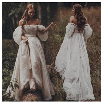 Booma Šifon Princezna Svatební Šaty 2021 Off Rameno Rukávy Pláž Svatební Šaty Jednoduché Boho Svatební Šaty Plus Velikost