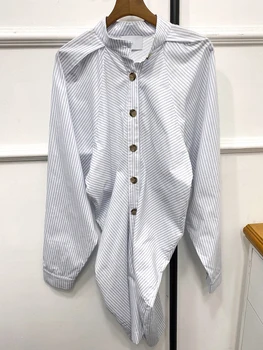 Brzy na Jaře 2021 Dámské Oblečení Minimalistické Modré Pruhované Skládaný Košile Šaty Vysoké Pasu Tenké O-Neck Dlouhý Rukáv Dojíždějící