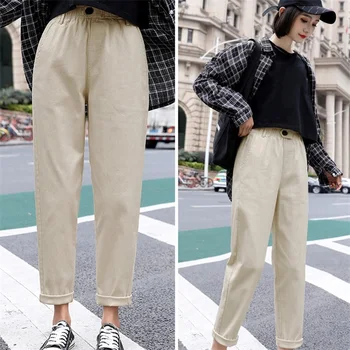 Béžová Vysoký Pas Ležérní Kalhoty Jaro Podzim Ženy volné 2020 Nové Ženy korejské slim Harem Kalhoty Plus Velikost Devět Kalhoty