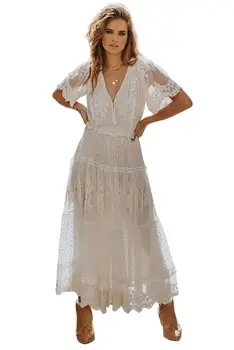 Bílé Hluboko V Krku Krátký Rukáv Světelný Dawn Krajkové Šaty Maxi Dlouhé Šaty Ženy Letní Dovolenou na Pláži Šaty Plus Velikost XL