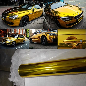 Car Styling Elastická Flexibilní Zlatý Gold Chrome Vzduch Zdarma, Zrcadlo Vinyl Zábal Film Nálepka Pro Pronájem Balení