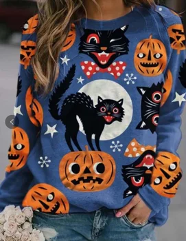 Cat Halloween Dýně Tisk Colorblock Tričko Ženy Topy Květinové Tisk Kolem Krku Dlouhý Rukáv Svetr Svetr pro Ženy