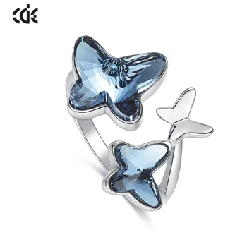 CDE 925 Sterling Prsten Zdobeny krystaly Motýl, Nastavitelný Prst Žen Svatební Prsten Zásnubní Šperky
