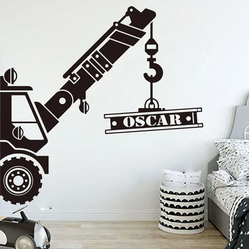 Chlapci, Děti, Móda, Ornament Crane Truck, Samolepka na Zeď Vlastní Stavební Auto Osobní Jméno Domova XL50
