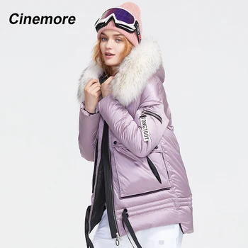CINEMORE 2020 Zima nová kolekce péřová bunda ženy s kožešiny límec svrchní oblečení vysoké kvality s kapucí zimní dámský kabát 996