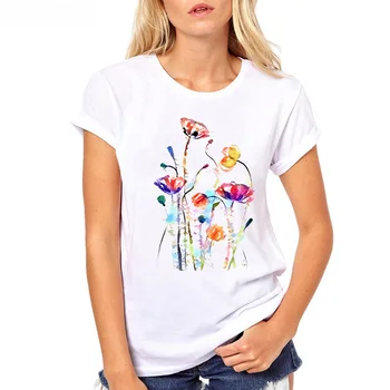 Cool Tee Akvarel Mák FlowersT Tričko Ženy Letní Topy Ženy Kauzální Krásná T-shirt Oblečení Krátký Rukáv Tričko Pro Holky