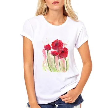 Cool Tee Akvarel Mák FlowersT Tričko Ženy Letní Topy Ženy Kauzální Krásná T-shirt Oblečení Krátký Rukáv Tričko Pro Holky