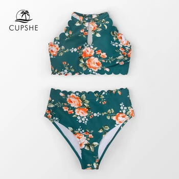 CUPSHE Zelené Květinové Halter Bikini Soupravy Ženy, Sexy Vysokým Pasem Dva Kusy Plavky 2021 Nová Dívka Boho Plavky