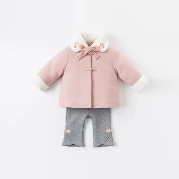 DBM15295 dave bella zimní dětské dívky módní pevné tlačítko luk kožešiny kabát děti topy kojenecké batole oblečení