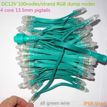 DC12V 100nodes/strand RGB výpis uzlů, IP68 hodnocené; 24W;všechny zelené drátu;s 13,5 mm zelené copánky