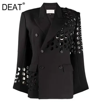 [DEAT] vydlabat Solid V-neck Límec Kabát Pro Ženy Double Breasted Kapsy High Street New Móda Příliv 2021 Jaře GX139