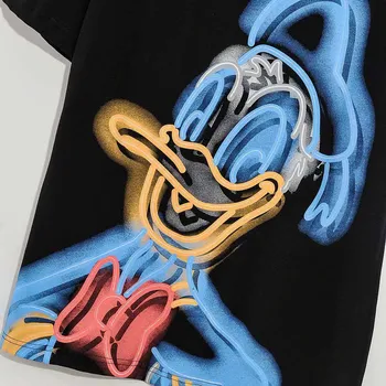 Disney T-Shirt Módní NEONOVÉ Graffiti Donald Duck Karikatura Tisk Ženy T-Shirt O-Neck Krátký Rukáv Bavlněné Tričko Topy Žena Černé