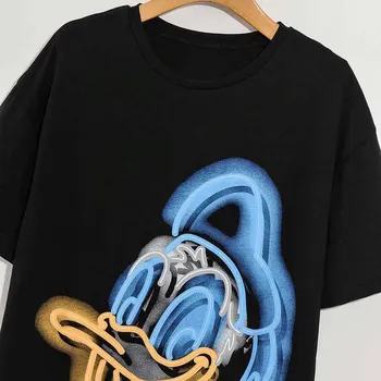Disney T-Shirt Módní NEONOVÉ Graffiti Donald Duck Karikatura Tisk Ženy T-Shirt O-Neck Krátký Rukáv Bavlněné Tričko Topy Žena Černé