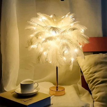 DIY Kreativní Peří Stolní Lampa Teplé Bílé Světlo Strom Peří Stínítko Dívka VEDL Svatební Dekorativní Narozeniny Noční Čtení
