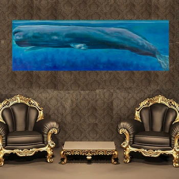 Dlouho Stylu Modré Moře Velryba Wall Art Plátno Obraz, Bytové Dekorace Pro Ložnice, Obývací Pokoj Zvíře Malování Kaligrafie