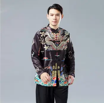 Dlouhý Rukáv Tradiční Čínské Oblečení Tang Oblek Top Jaro Léto Muži Hedvábné Výšivky Draka Bunda Kabát pro Zámořské Čínský
