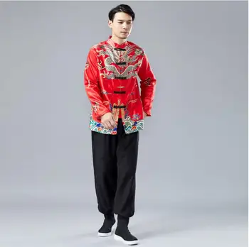 Dlouhý Rukáv Tradiční Čínské Oblečení Tang Oblek Top Jaro Léto Muži Hedvábné Výšivky Draka Bunda Kabát pro Zámořské Čínský
