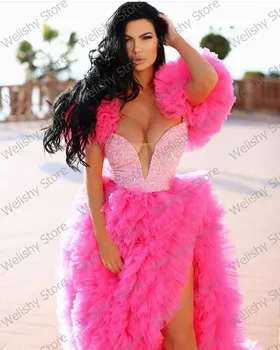 Docela Hot Pink Plně Skládaný Tyl Šaty Ženy Zdobený Vysoce Rozdělit Volánky Dlouho Party Šaty S Odnímatelnými Rukávy vestito