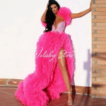 Docela Hot Pink Plně Skládaný Tyl Šaty Ženy Zdobený Vysoce Rozdělit Volánky Dlouho Party Šaty S Odnímatelnými Rukávy vestito