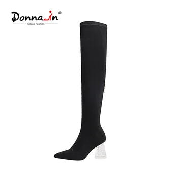 Donna-v roce 2020 Vysoké Podpatky Úsek Dlouhé Boty Britský Styl, Špičaté Zimní Dámské Boty Crystal Tlusté Podpatky Chelsea Martin Boot