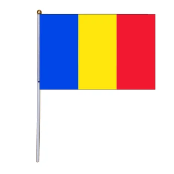 Doprava zdarma xvggdg 100ks 14 * 21 cm, Národní Vlajka Rumunska rukou vlajky s plastovou stožár Polyester Tisk vlajky