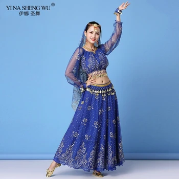 Dospělý Bollywood Šaty Kostým Ženy, Indické Sari Dance Břišní Tanec Oblečení, Výkon Oblečení Šifon Dlouhý Rukáv Top+Pásek+Sukně