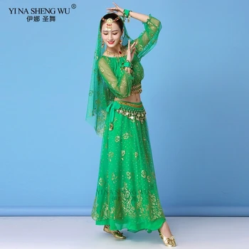 Dospělý Bollywood Šaty Kostým Ženy, Indické Sari Dance Břišní Tanec Oblečení, Výkon Oblečení Šifon Dlouhý Rukáv Top+Pásek+Sukně