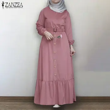 Dubaj, Turecko Hidžáb Šaty ZANZEA Ženy Podzim Lem Prohrábnout Dlouhé Muslimské Šaty Plná Kaftan Abayas letní Šaty Manšestrové Vestidos Páskem