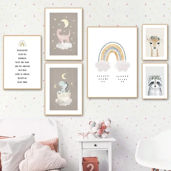 Duha Hvězda, Měsíc, Zvíře, Dítě, Plakát Školky Tisk Na Plátno Wall Art Obraz Nordic Děti Dekorace, Obraz Baby Room Decor