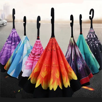 Dvojitá Vrstva Proti UV Self Stát Parapluie Barevné Větruodolný Reverzní Skládací Deštník Muže, Ženy, Slunce, Déšť, Auto Obrácené Deštníky