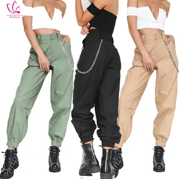 Dámské Cargo Kalhoty Podzim Vintage Řetězce Černé Ženy Běžci Pytlovité Kalhoty Ženy Streetwear 2020 Nové Push Up Střední Pasu Kalhoty