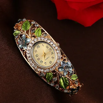 Dámské Hodinky Luxusní Dámské hodinky Oválný Shell Květina Plná Diamond Náramek Hodinky Analogové Quartz Náramkové Hodinky hodiny saati @F